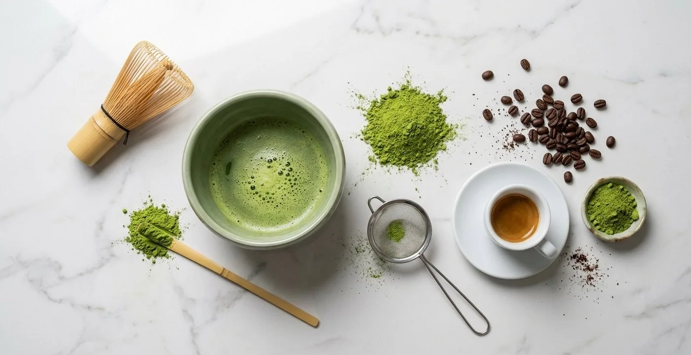 Overhead view of a pale green ceramic bowl of frothy matcha on white marble with grey veining, surrounded by a bamboo whisk, a bamboo scoop resting on matcha powder, a mound of matcha powder, a fine mesh sieve, a small bowl of matcha powder, a white espresso cup on a saucer and a scatter of roasted coffee beans