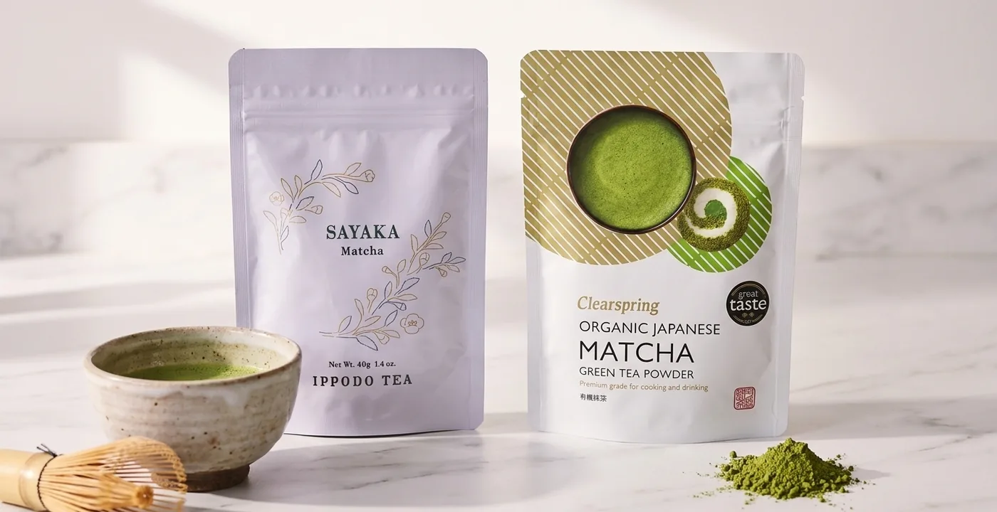 Ceremonial vs culinary matcha: Ippodo Sayaka and Clearspring organic matcha pouches beside a whisked bowl and bamboo whisk