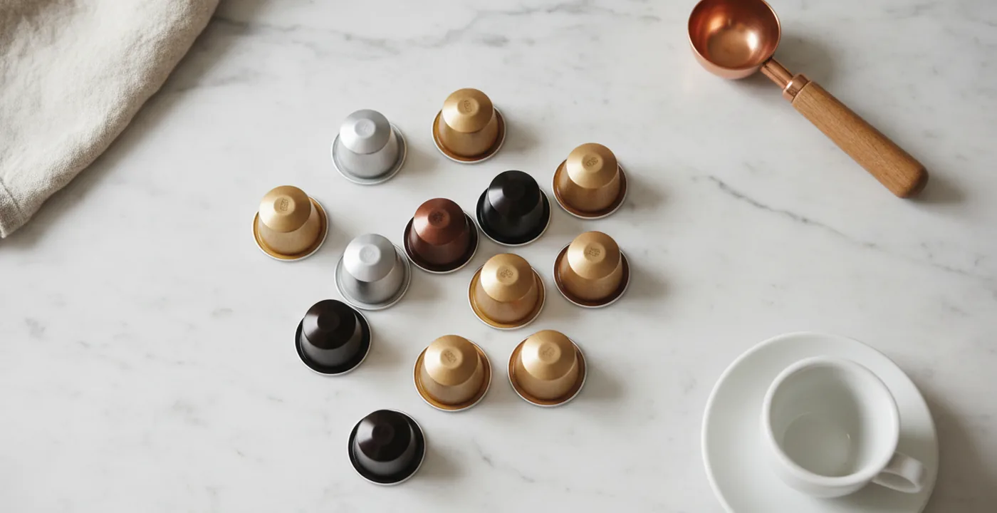 Coffee pods arranged in rows showing variety of aluminium and compostable pod formats used in the UK market