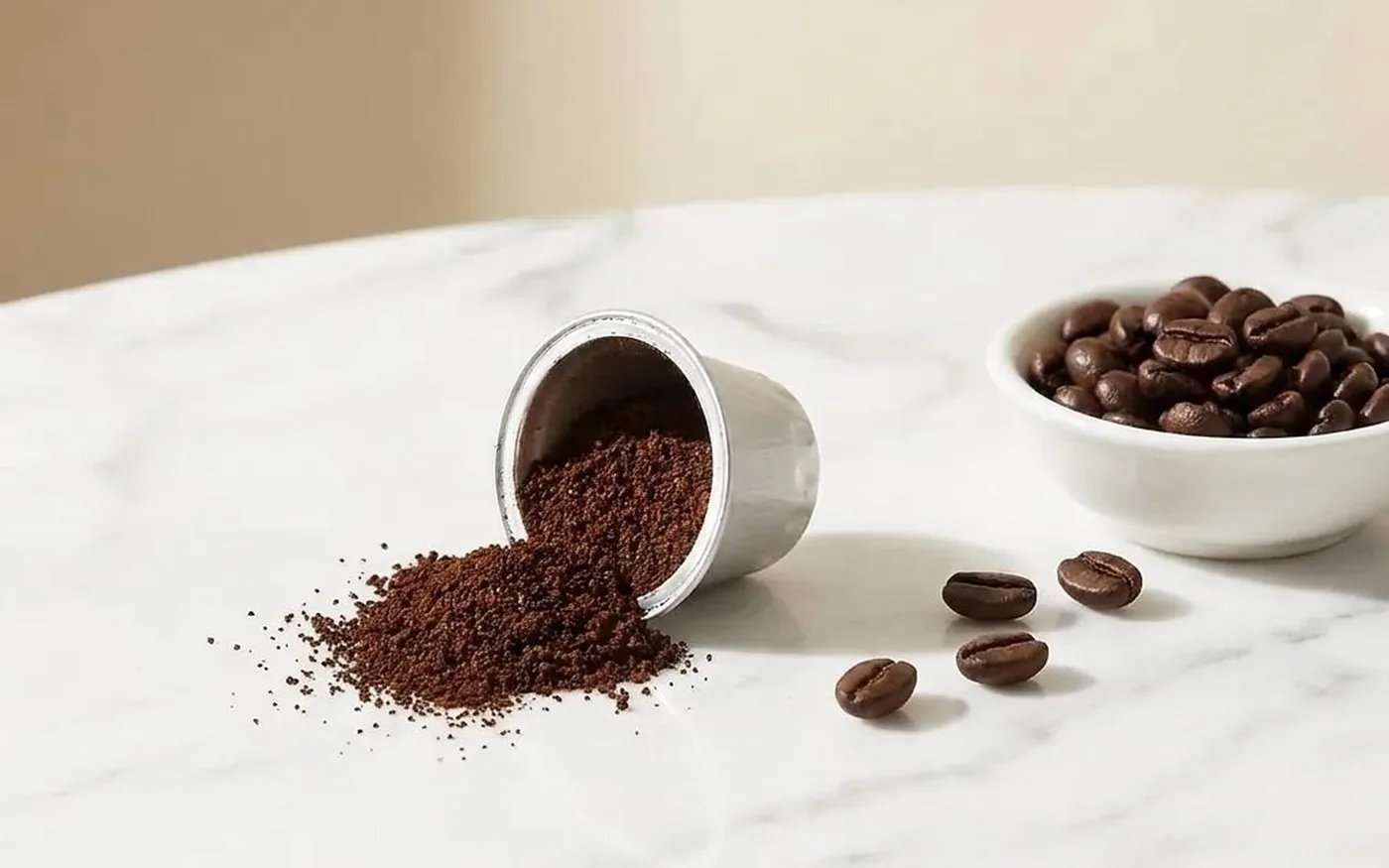 Opened aluminium coffee capsule with ground coffee spilling out, alongside whole roasted beans in a white ceramic bowl on white marble