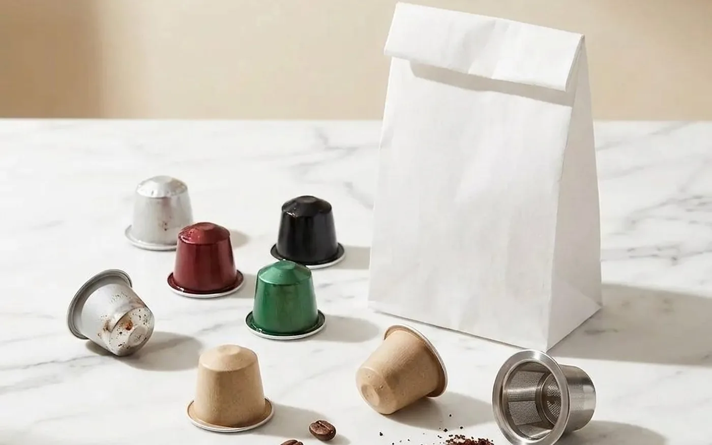 Used coffee pods of various types arranged on white marble next to a recycling collection bag