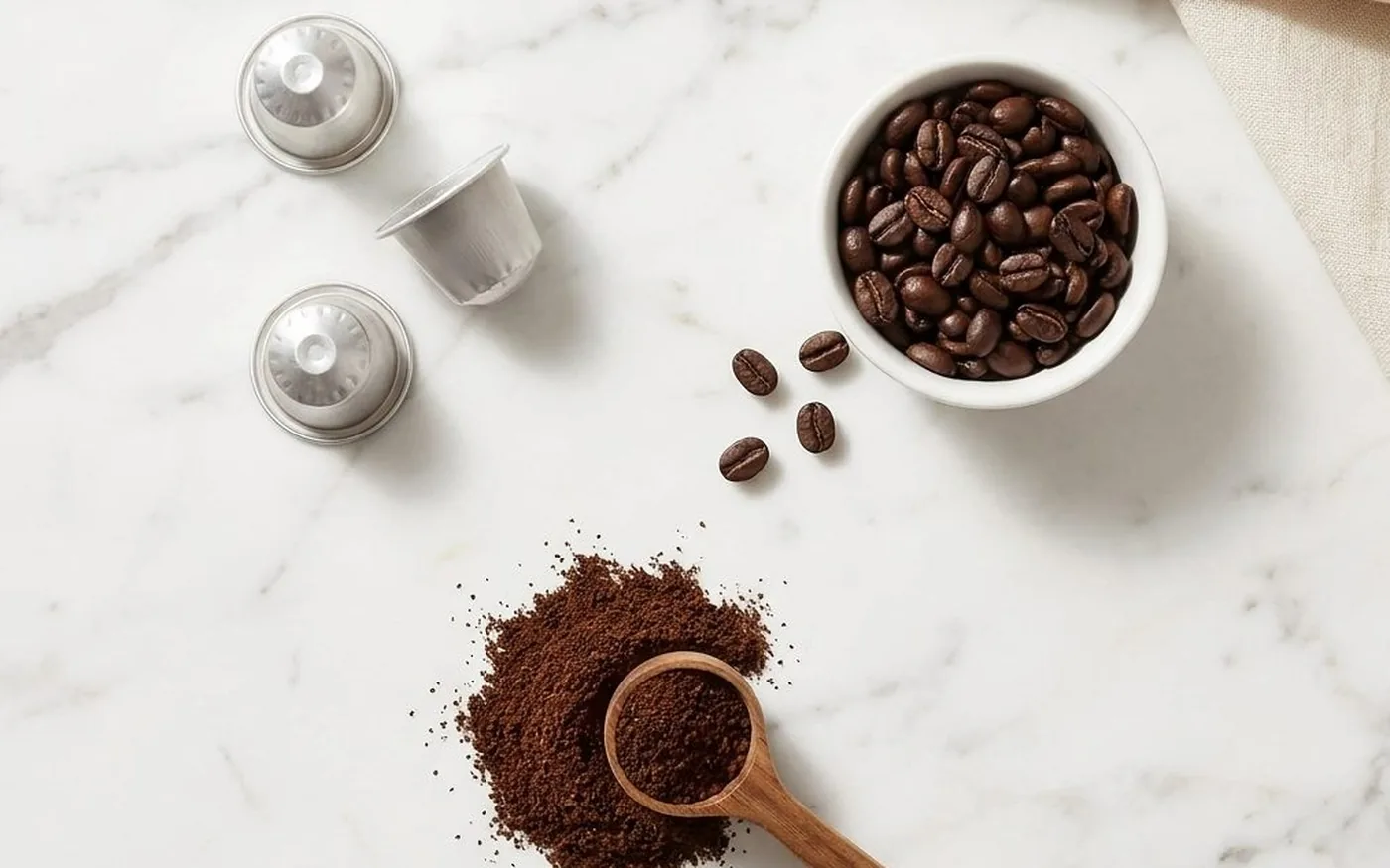 Three coffee formats on white marble: aluminium capsules, whole coffee beans in ceramic bowl, and ground coffee with wooden scoop