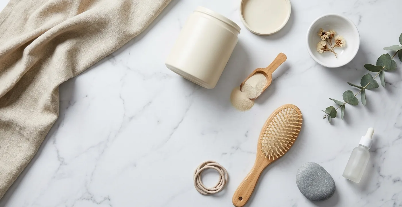 Hydrolysed collagen powder in a glass jar beside hair care items on a marble surface