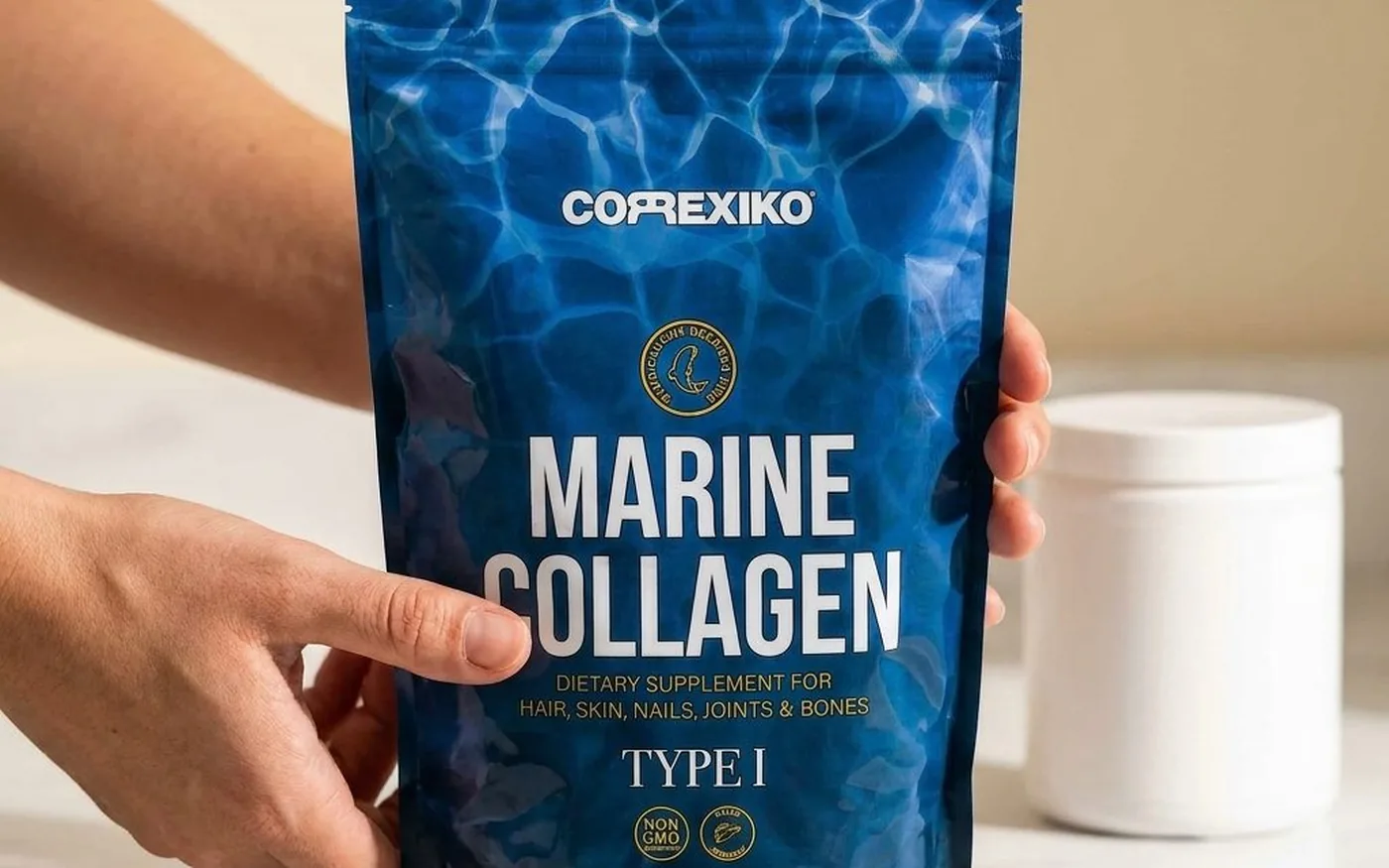 Correxiko marine collagen pouch on white marble