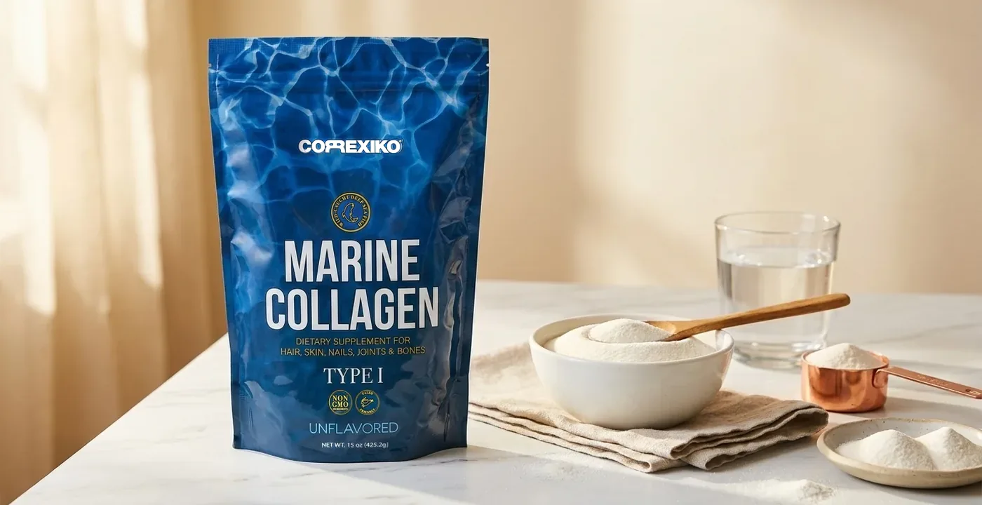 Correxiko marine collagen powder in a kitchen setting