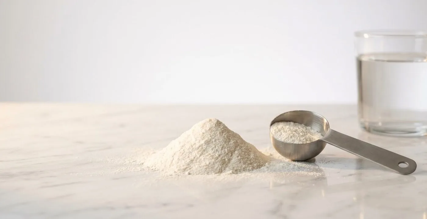 A close-up of creatine monohydrate powder with a measuring scoop on a clean white surface