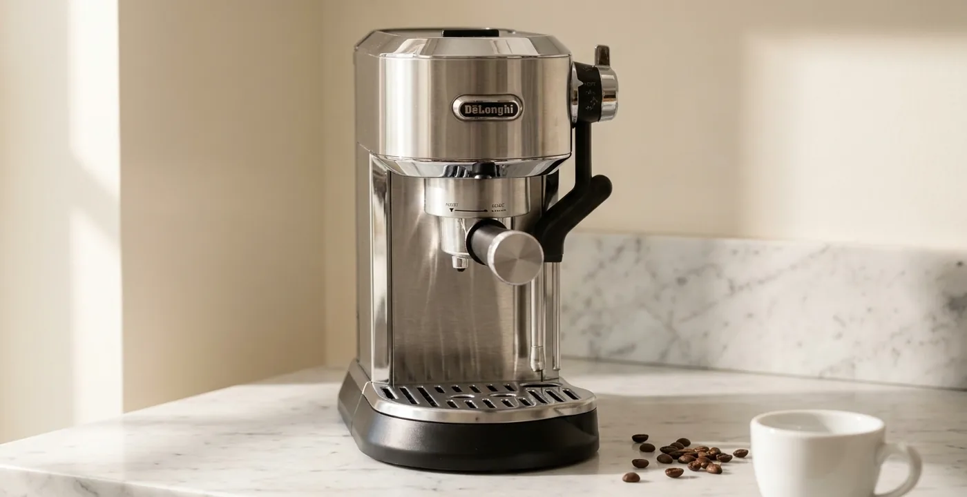 De'Longhi Dedica Maestro Plus espresso machine on a kitchen counter