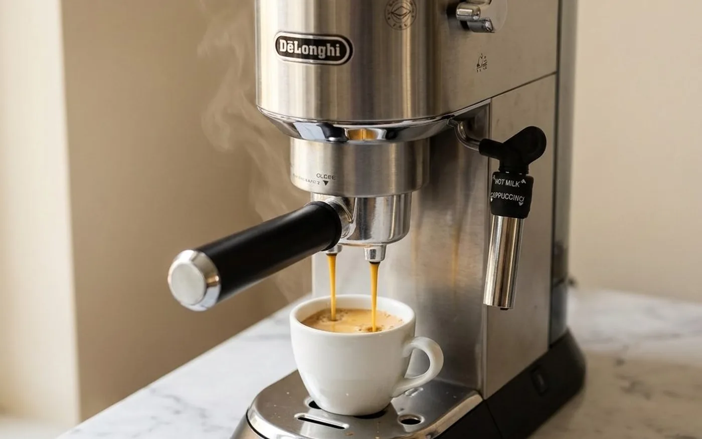De’Longhi Dedica EC685 pulling a double espresso with rich golden crema on a white marble counter