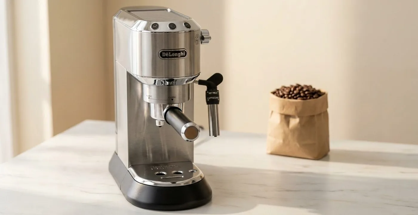 De’Longhi Dedica Style EC685 espresso machine on white marble counter, warm kitchen light