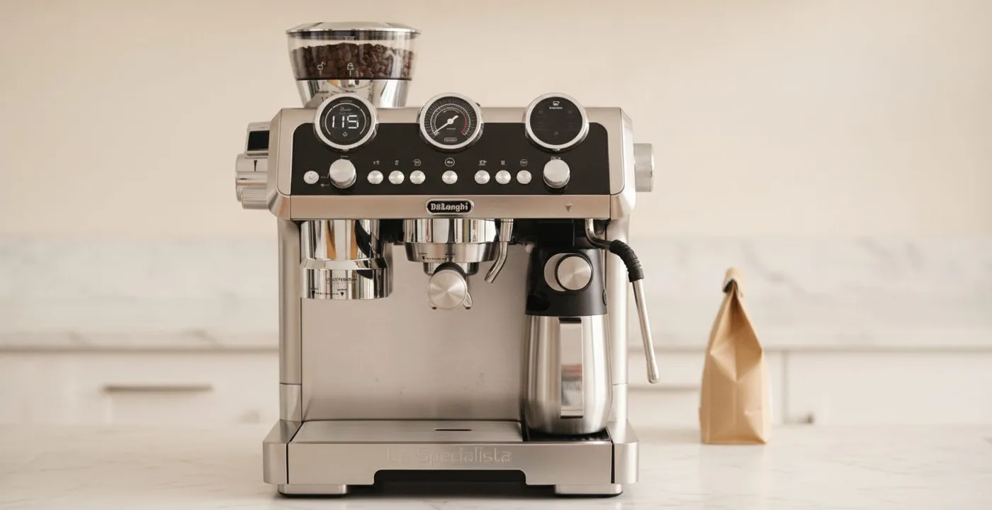 De'Longhi La Specialista range - five espresso machines lined up on a kitchen counter