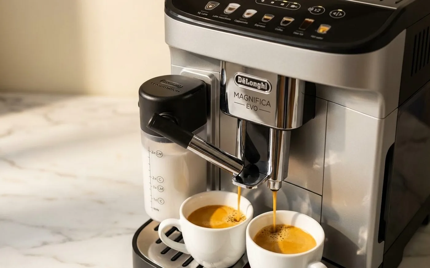 Espresso dispensing from twin stainless steel spouts of a De'Longhi Magnifica into two white ceramic cups showing rich golden crema