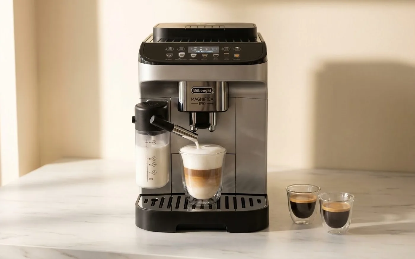 De'Longhi Magnifica Evo LatteCrema milk carafe dispensing frothed milk into a glass latte cup