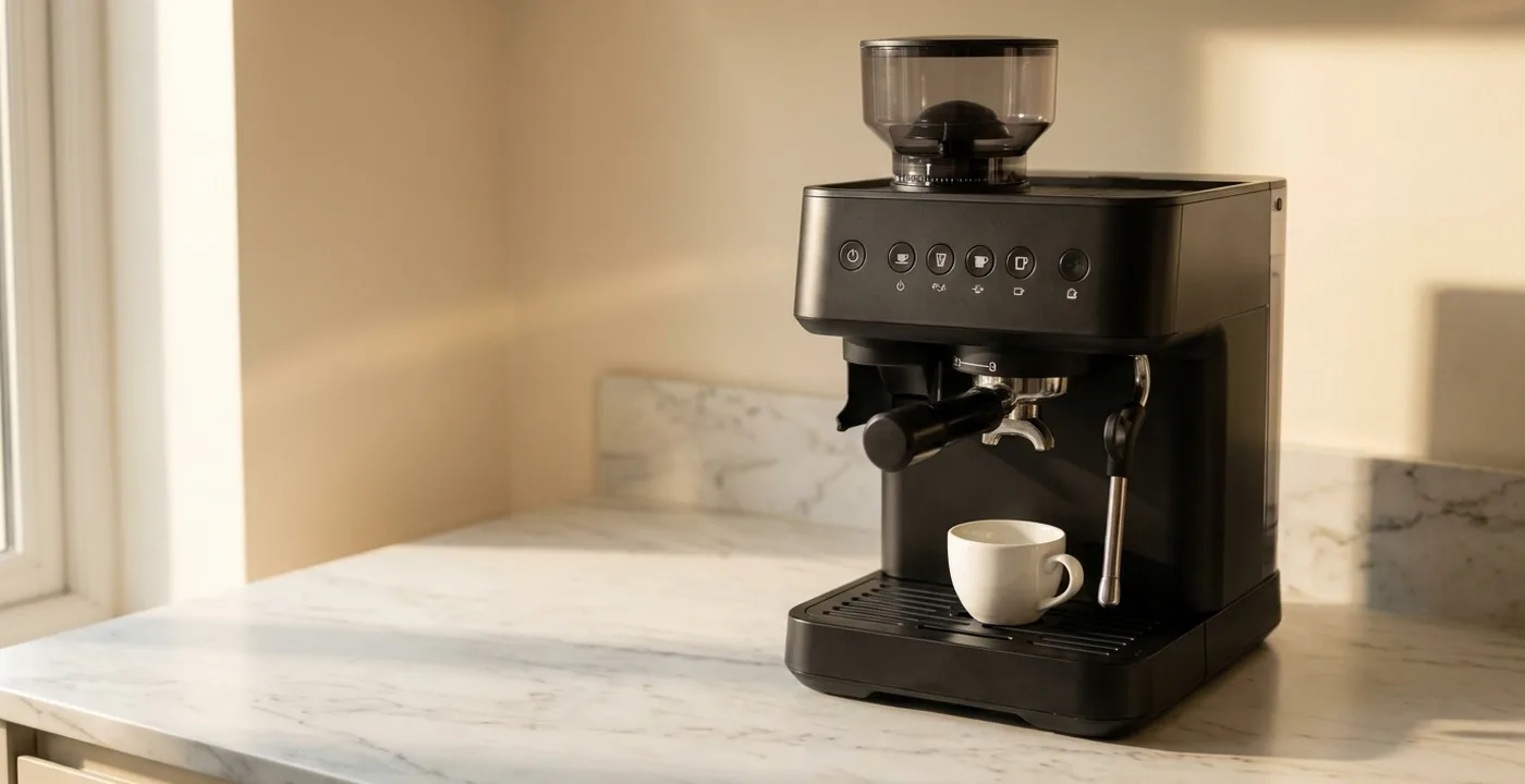 De'Longhi Magnifica bean-to-cup espresso machine on kitchen counter dispensing espresso