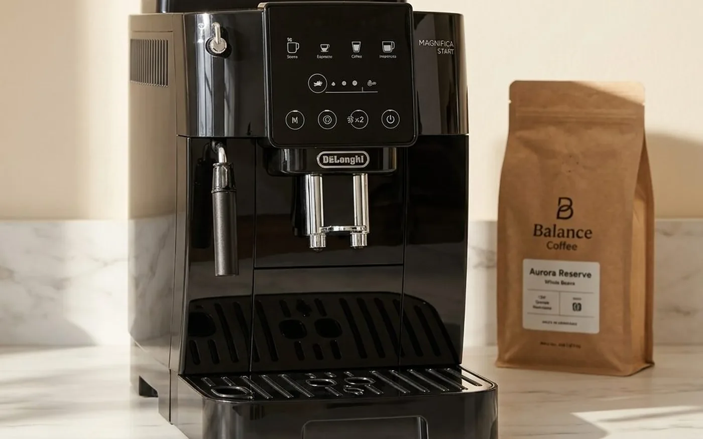 De'Longhi Magnifica Start on a counter with simple button interface visible