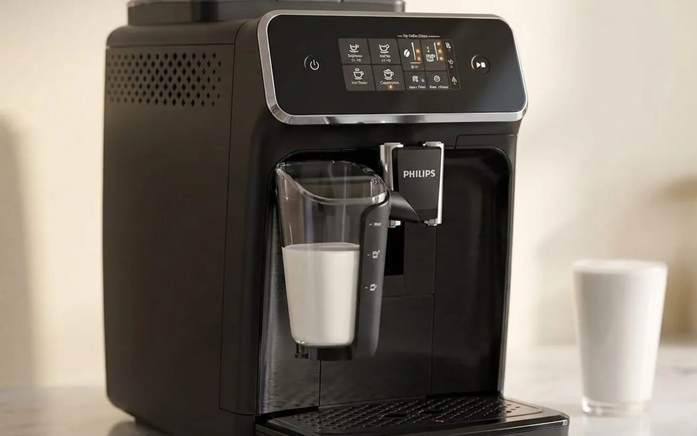 Philips Series 2200 LatteGo bean-to-cup coffee machine with transparent LatteGo milk carafe on marble