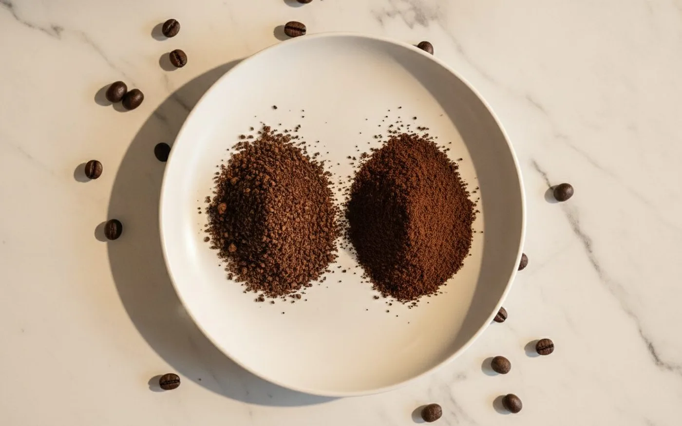 Coffee grind settings comparison showing ground coffee in ceramic bowl, numbered grind dial, whole coffee beans and wooden scoop on marble