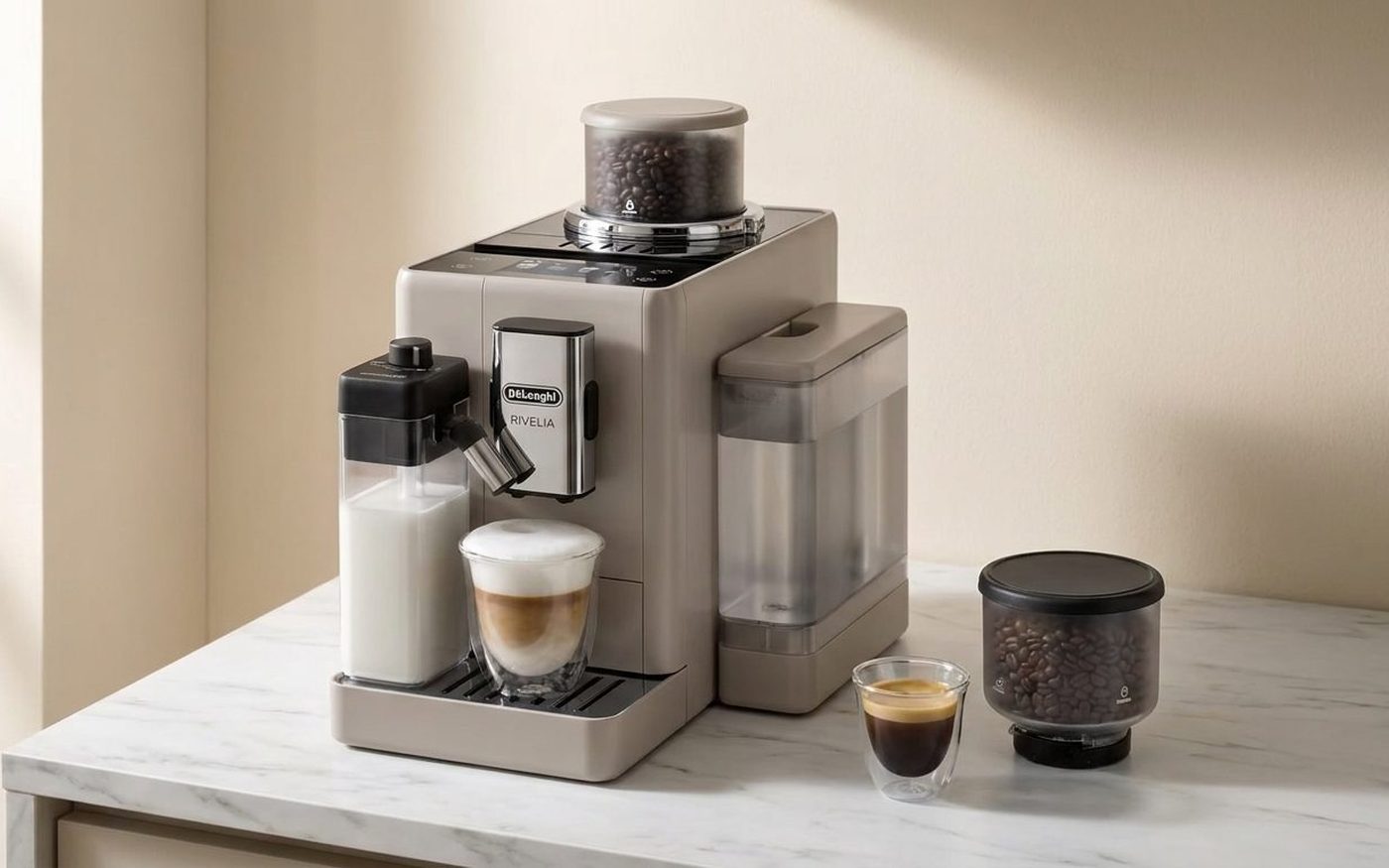 De’Longhi Rivelia bean-to-cup coffee machine showing the dual Bean Switch hopper system