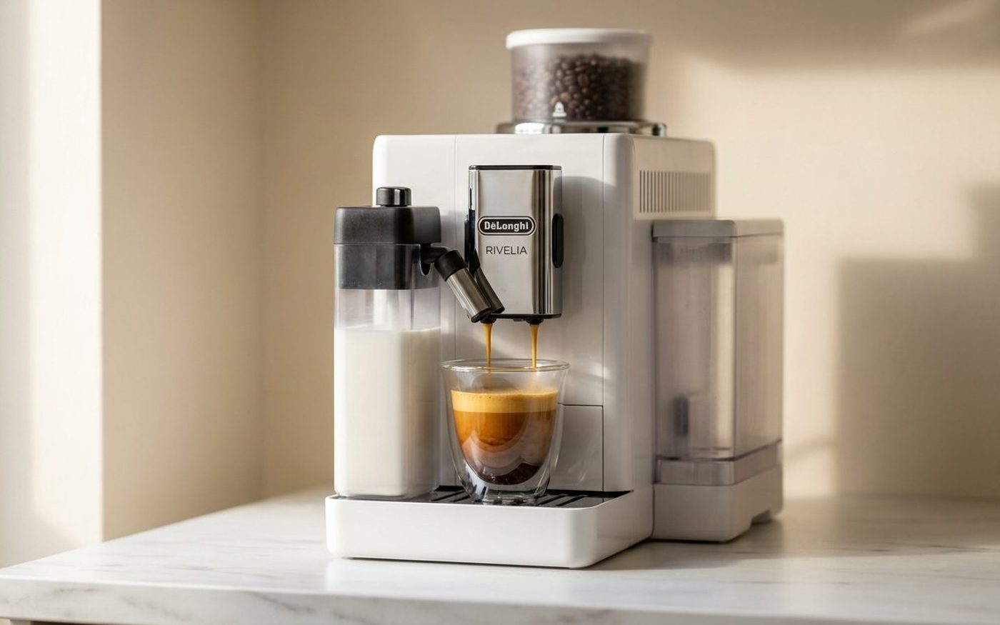 Espresso being extracted on the De’Longhi Rivelia showing consistent crema