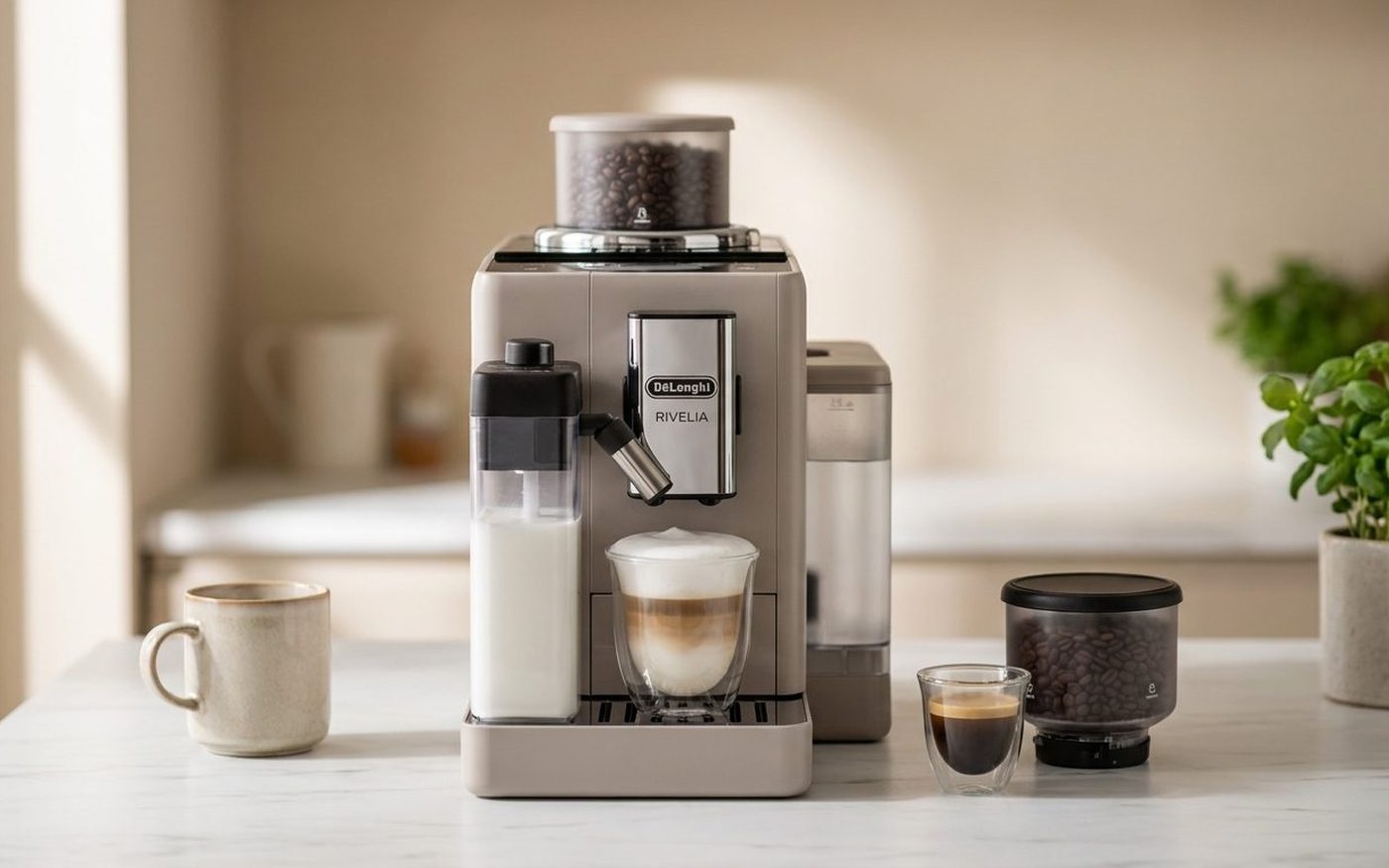 De’Longhi Rivelia on a kitchen worktop alongside everyday items to illustrate its compact footprint
