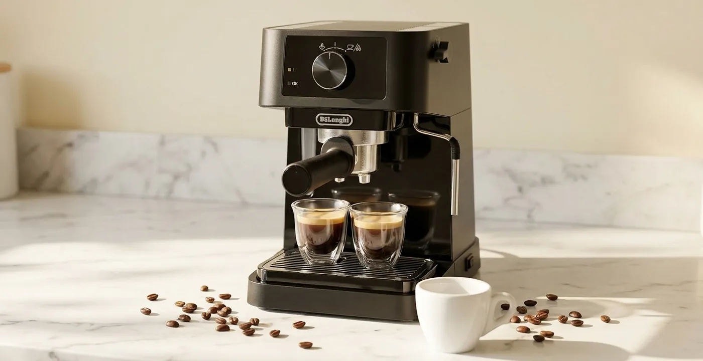 De'Longhi Stilosa EC230 espresso machine on a kitchen counter with portafilter locked in and steam wand visible