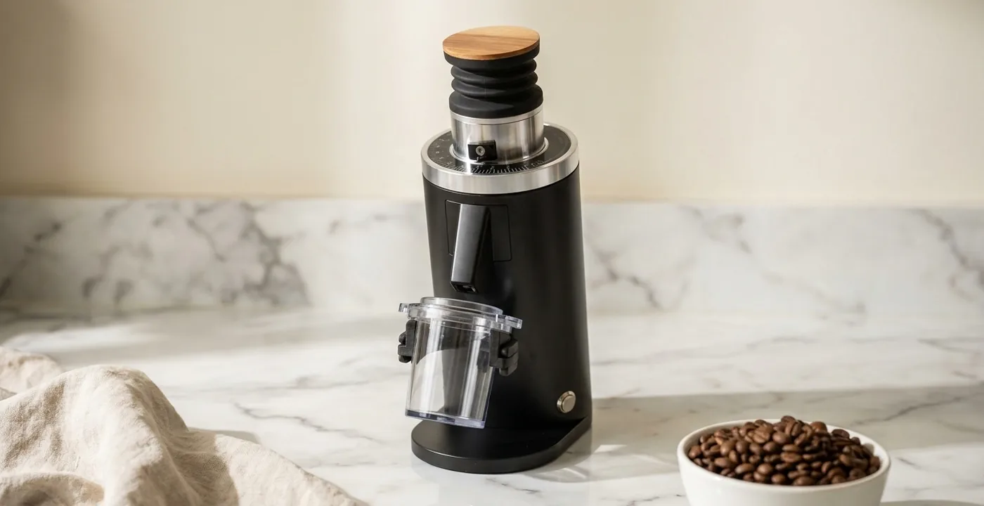 DF54 flat-burr coffee grinder on white marble countertop with walnut bellows cap and chrome adjustment collar