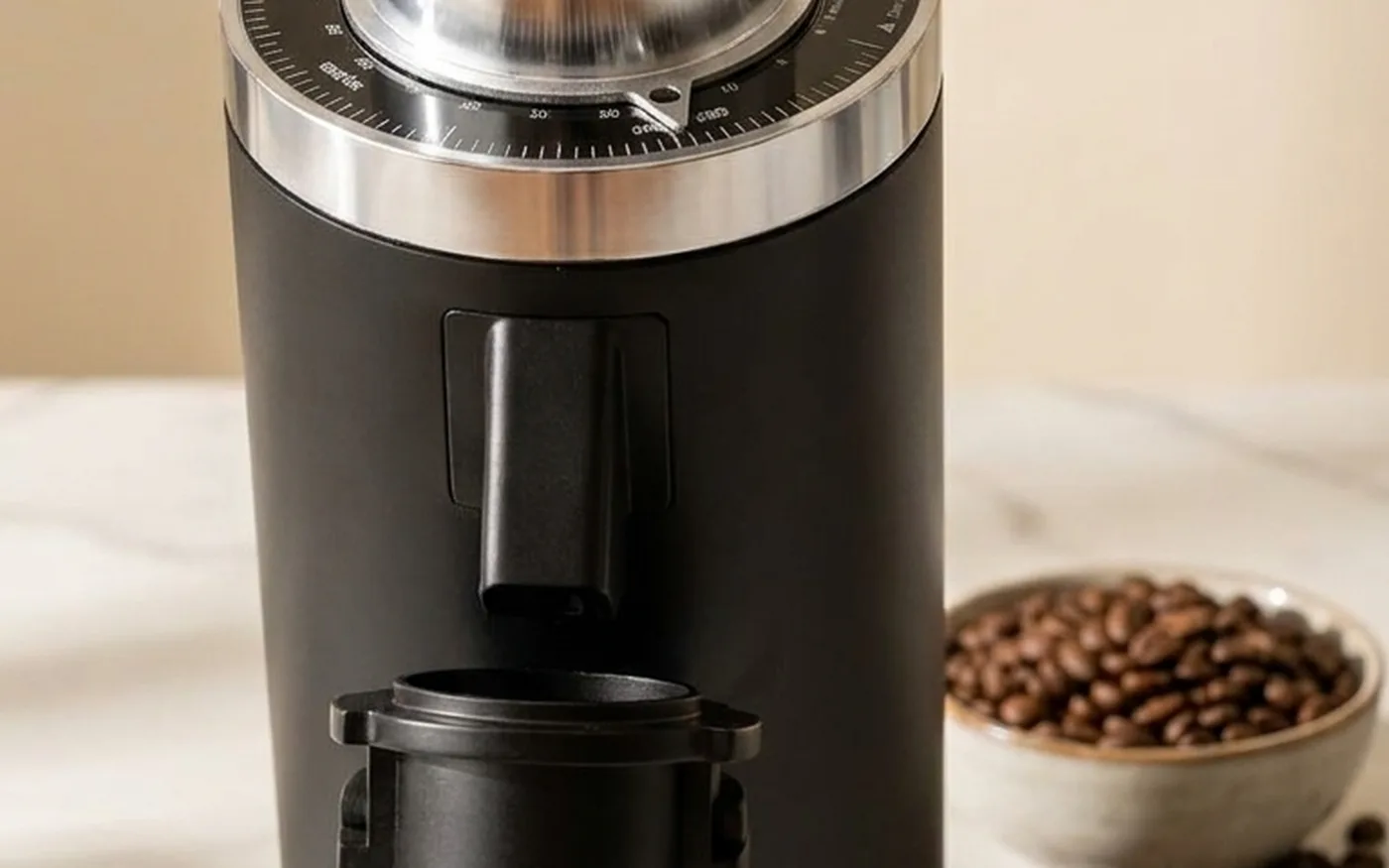 Turin DF64 Gen 2 single-dose coffee grinder on white marble countertop with whole coffee beans in background