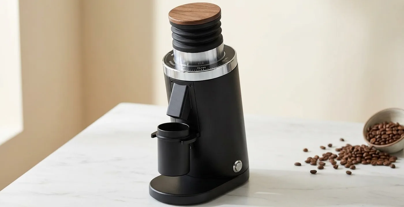 DF64 Gen 2 single-dose coffee grinder on white marble countertop with coffee beans in background