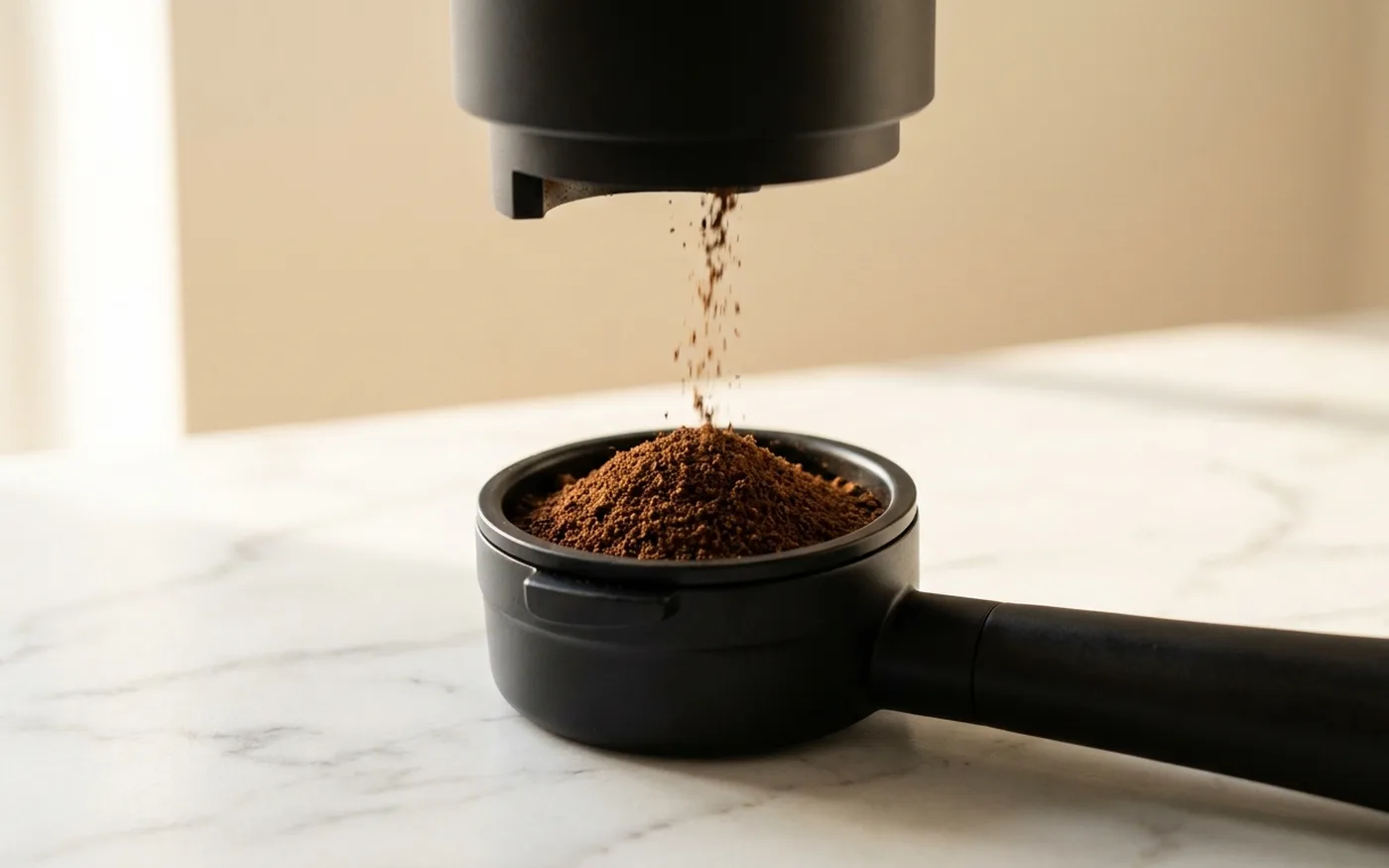 Close-up of espresso grounds falling into portafilter basket showing uniform grind particle size