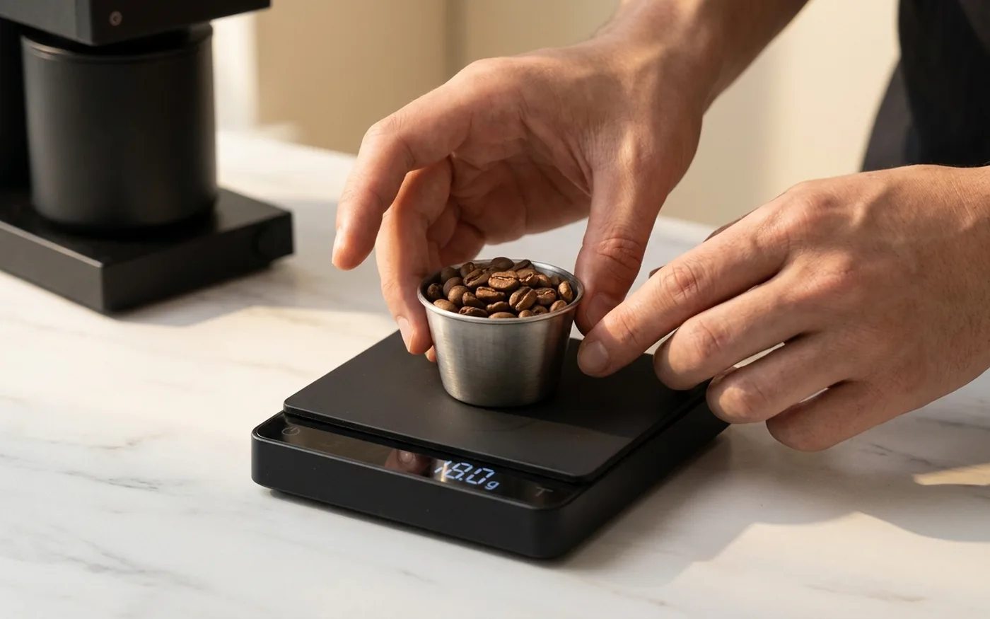 Coffee beans being weighed on digital scale as part of single-dose espresso workflow