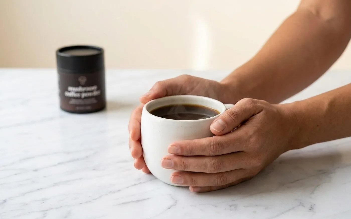 Hands cradling a warm ceramic mug of Dirtea mushroom coffee - morning wellness ritual