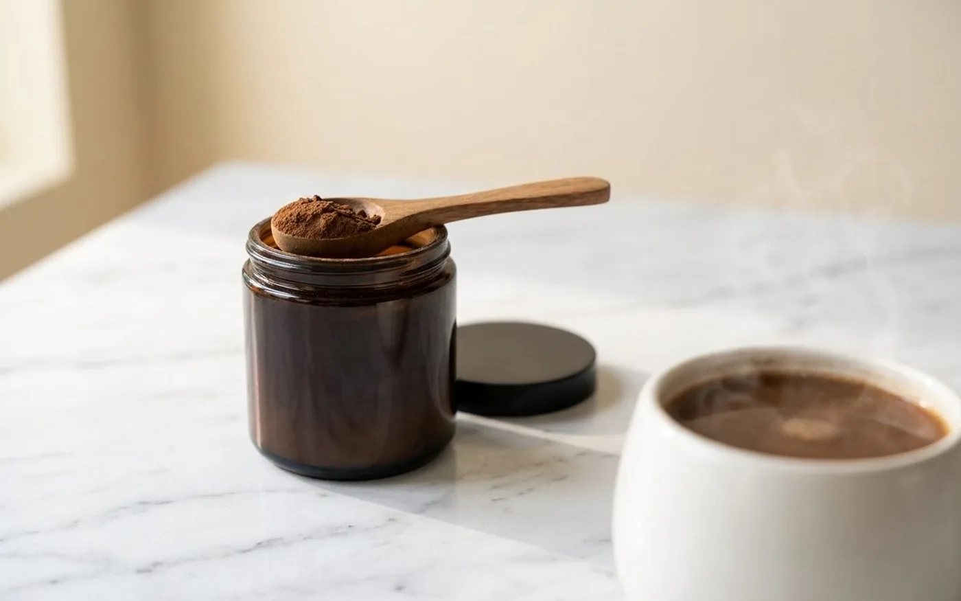 Dirtea Coffee Super Blend mushroom powder canister and wooden scoop on white marble countertop