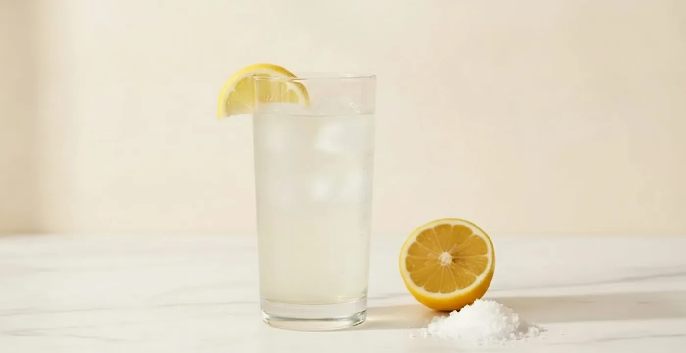 Homemade DIY electrolyte drink in a glass with table salt, Lo Salt and lemon on a kitchen counter