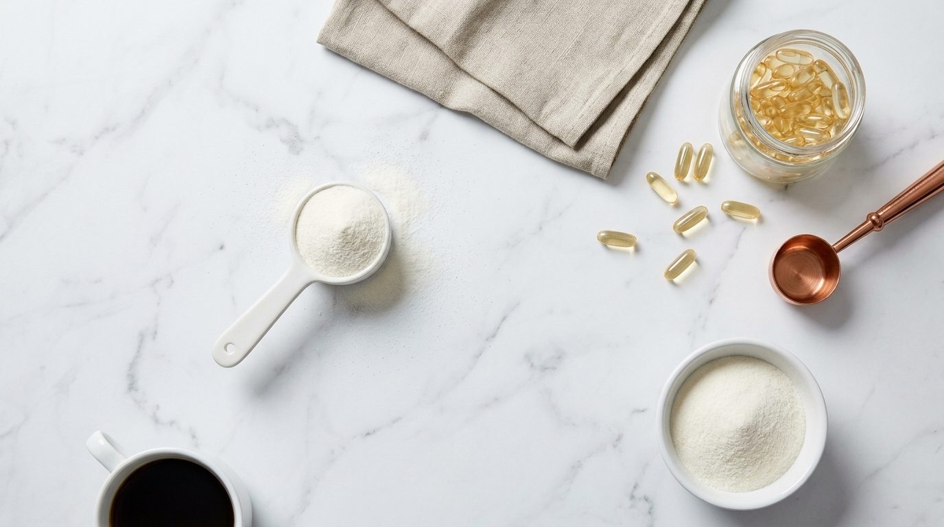 Hydrolysed collagen peptide powder measured into a scoop on a white surface with supplement capsules in the background