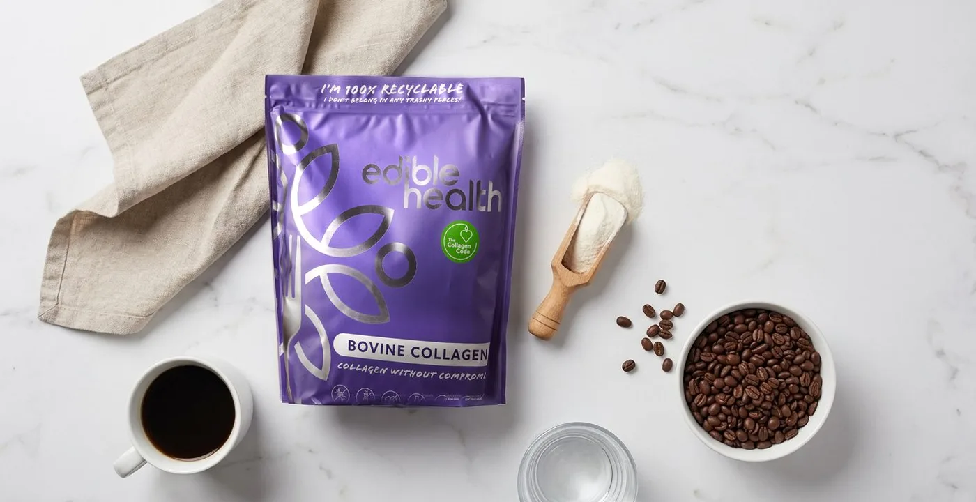 Edible Health hydrolysed bovine collagen powder 1kg pouch on a white surface
