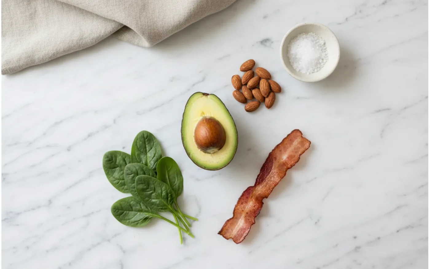 Keto diet foods high in electrolytes - avocado salmon leafy greens
