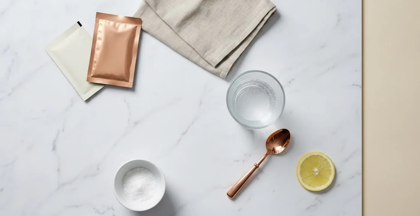 Electrolyte sachets and a glass of water on a light surface
