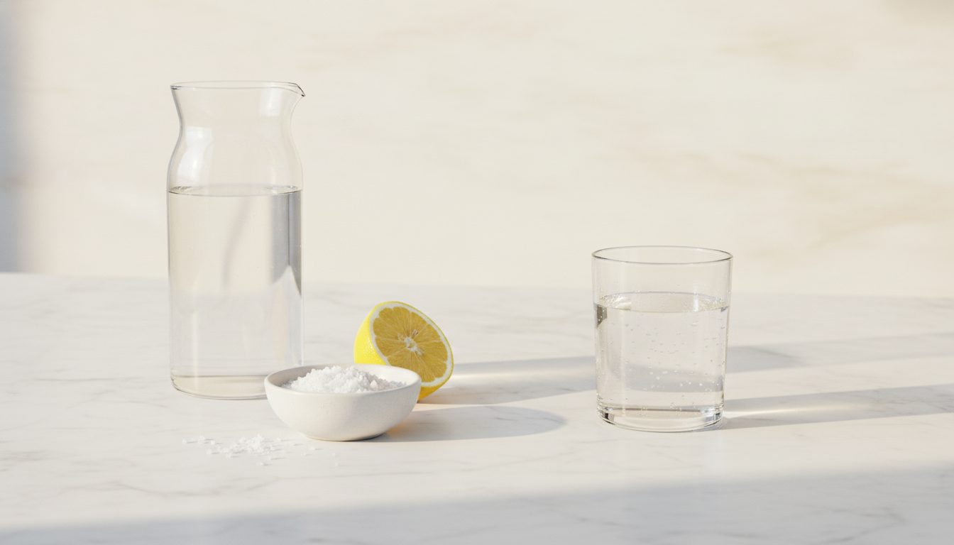 Glass of water with electrolyte powder being mixed in, with ingredients including salt, lemon and Lo-Salt on a kitchen counter