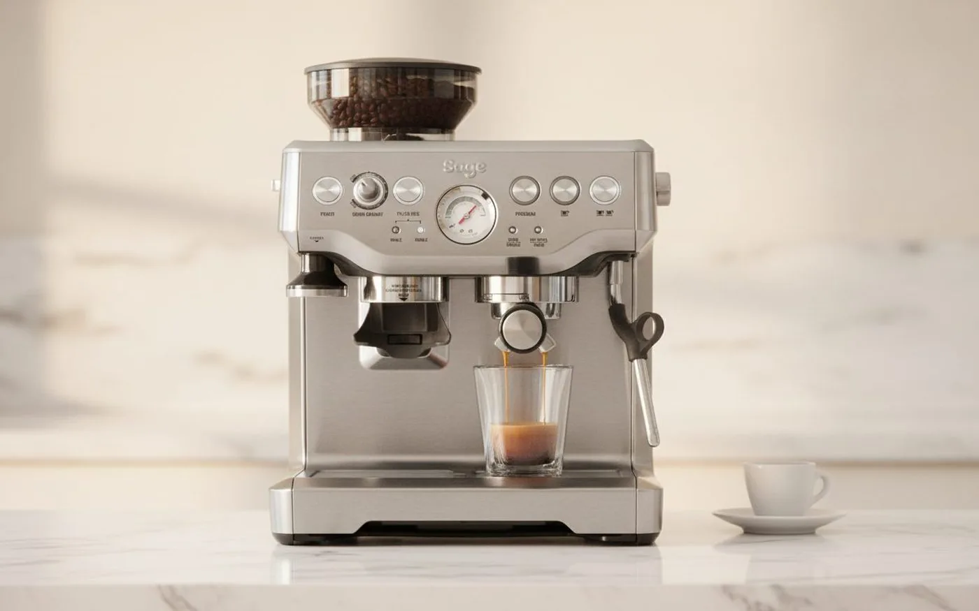 Sage Barista Express espresso machine on white marble countertop