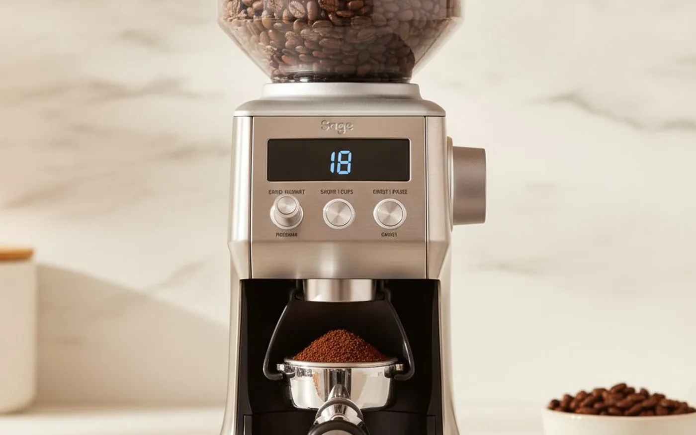 Sage Smart Grinder Pro coffee grinder on white marble countertop