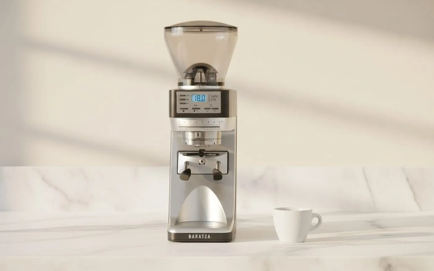 Baratza Sette 270 coffee grinder on white marble countertop