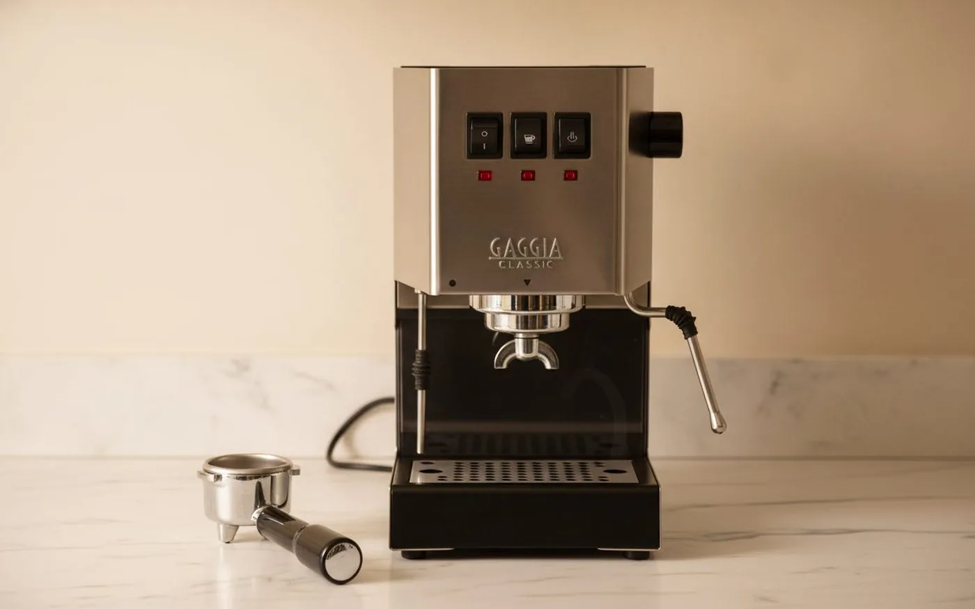 Gaggia Classic Pro espresso machine on white marble countertop