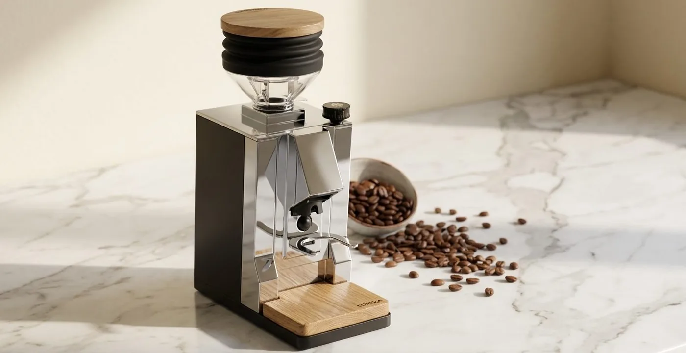 Eureka Oro Single Dose grinder on a kitchen counter showing the brushed metal finish and bellows system