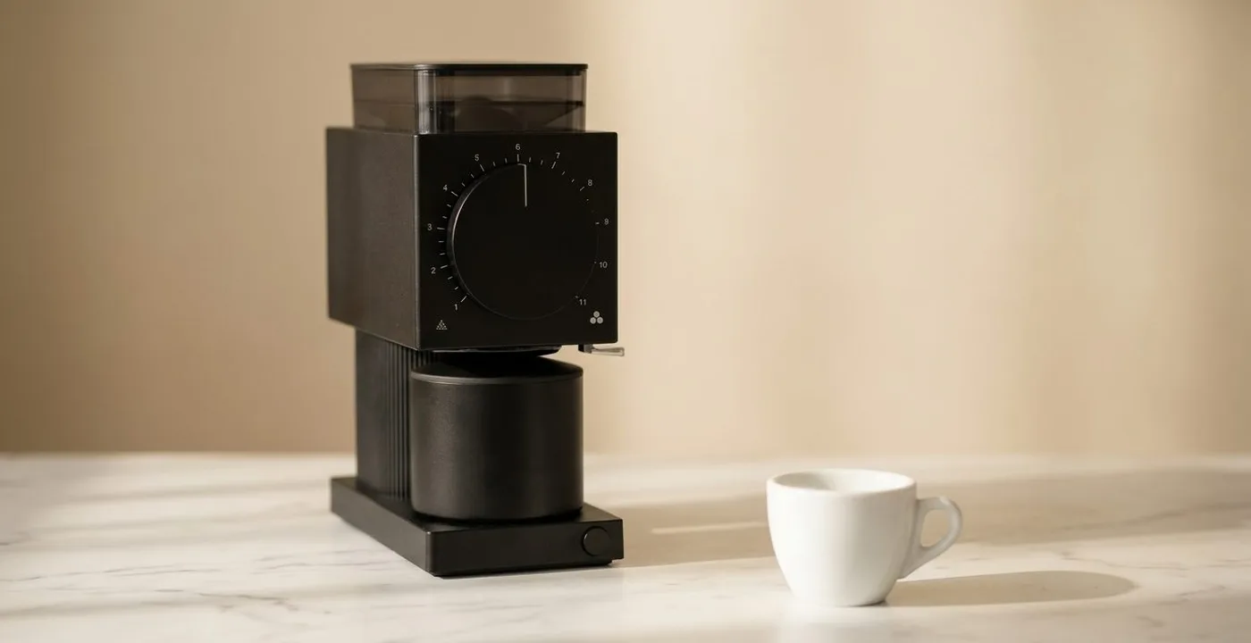 Fellow Ode Gen 2 coffee grinder on a white marble kitchen counter