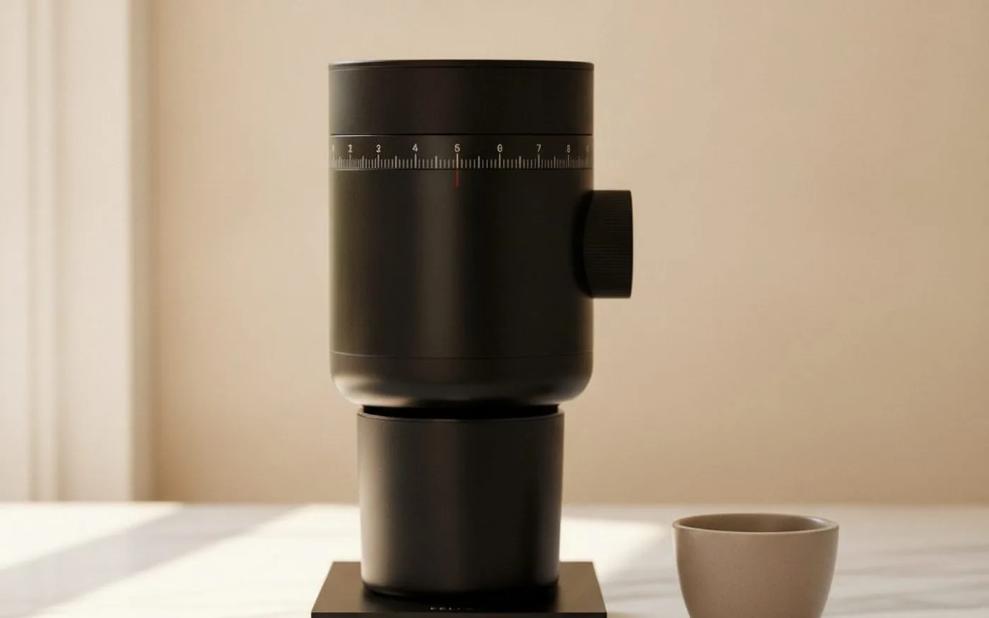 Fellow Opus 2 conical burr coffee grinder on marble countertop