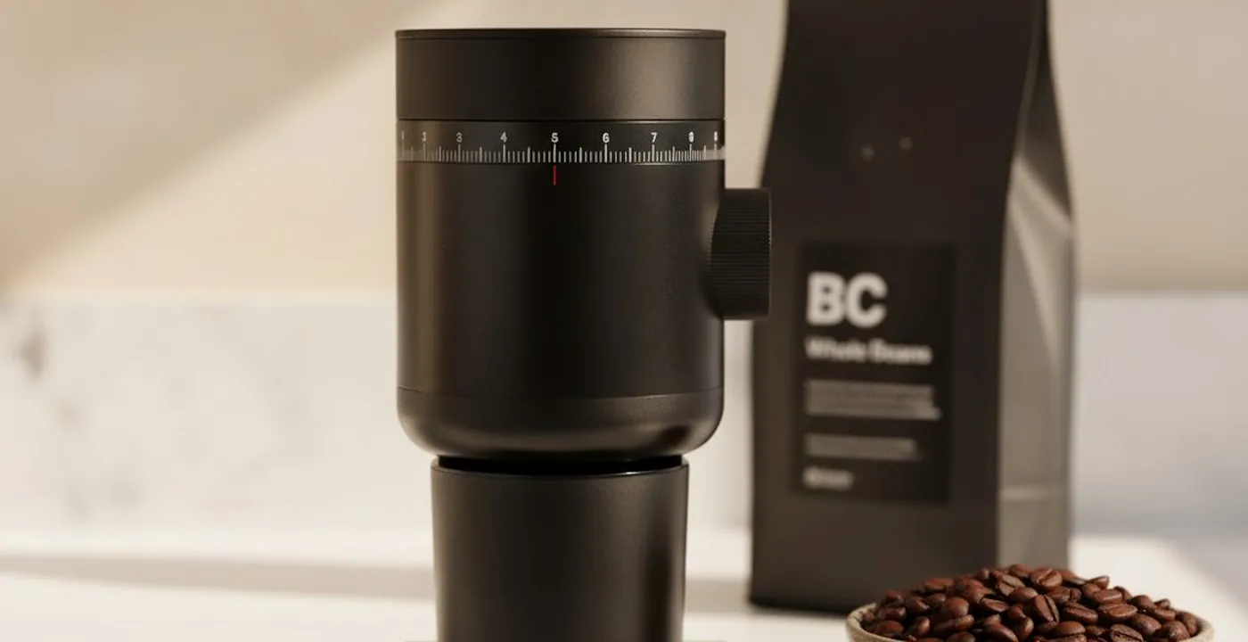 Fellow Opus 2 conical burr grinder on a kitchen counter