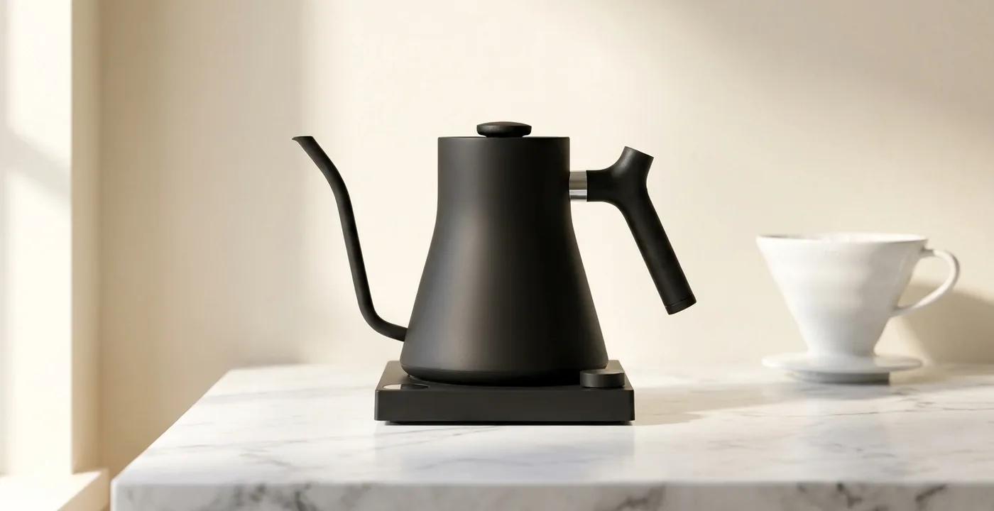 Fellow Stagg EKG electric gooseneck kettle in matte black on a kitchen counter