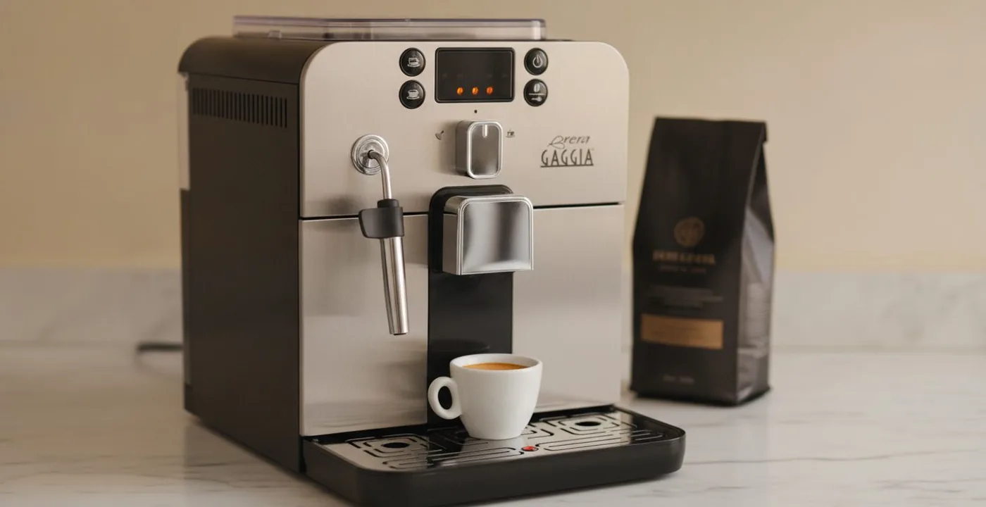 Gaggia Brera compact super-automatic bean-to-cup espresso machine on a kitchen worktop