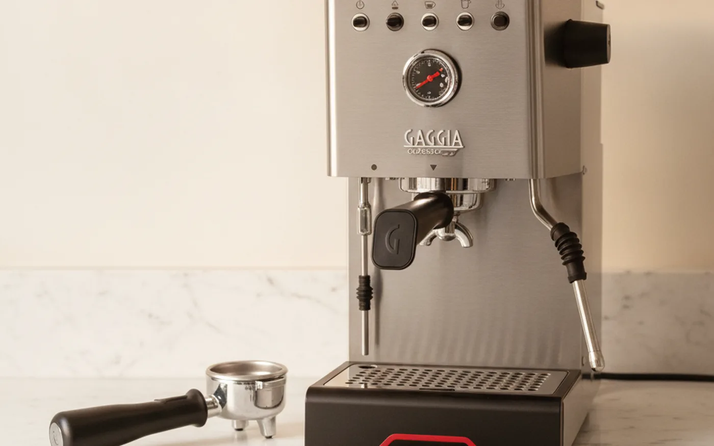 Gaggia Classic GT dual boiler espresso machine on marble countertop