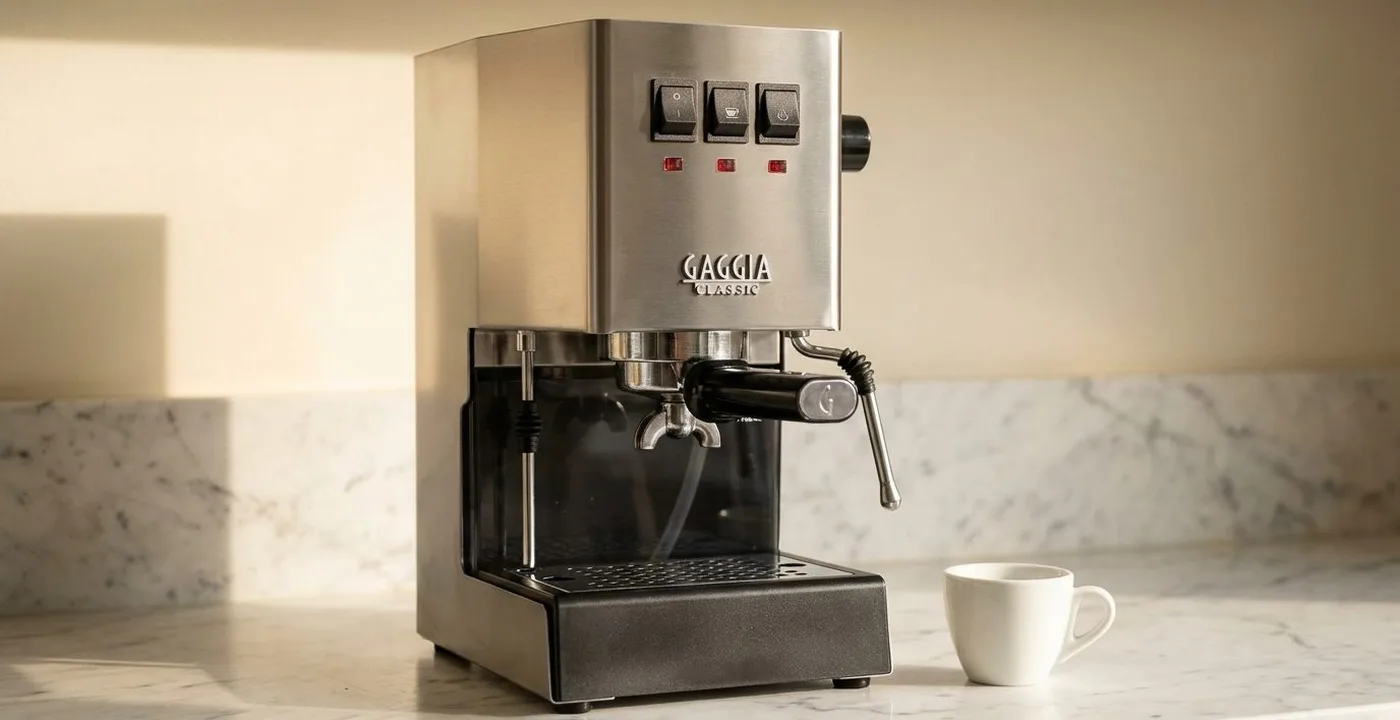 Gaggia Classic espresso machine with pressure gauge showing 9 bar brew pressure