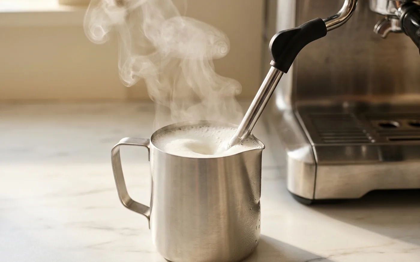 Steam wand on Gaggia Classic Pro texturing milk in a steel jug